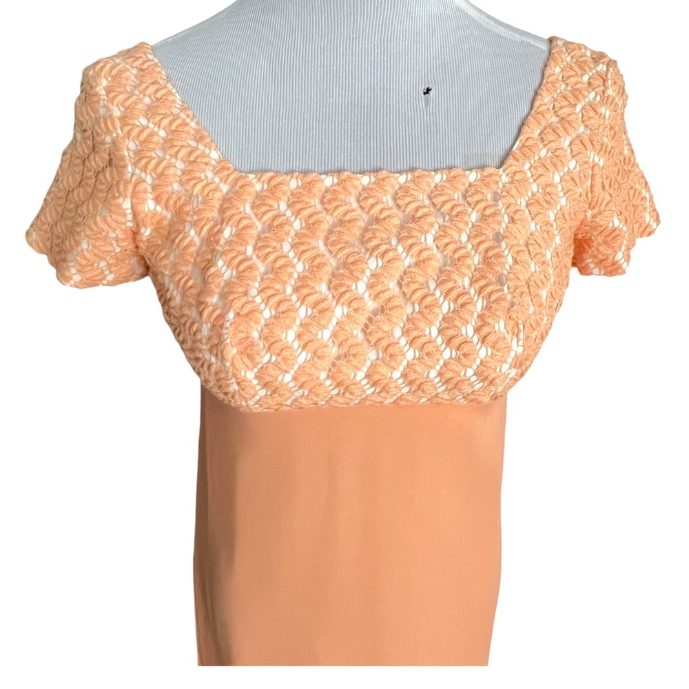 Vintage 60s Short Sleeve Peach Chiffon Empire Waist Maxi Sheath Dress ILGWU - Picture 3 of 11